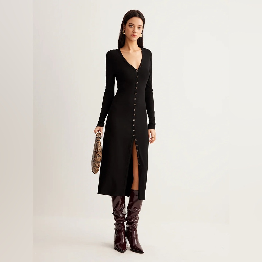 V-Neck Button Slim Long Dress - Picture 5 of 12